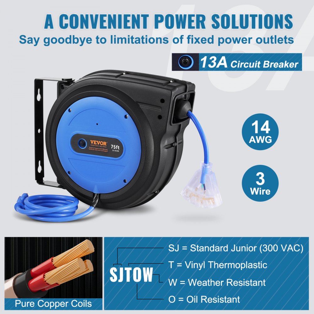 VEVOR Retractable Extension Cord Reel, 75 FT, Heavy Duty 14AWG/3C SJTOW Retractable Power Cord with Lighted Triple Tap Outlet, 13 Amp Circuit Breaker 180° Swivel Bracket for Ceiling or Wall Mount