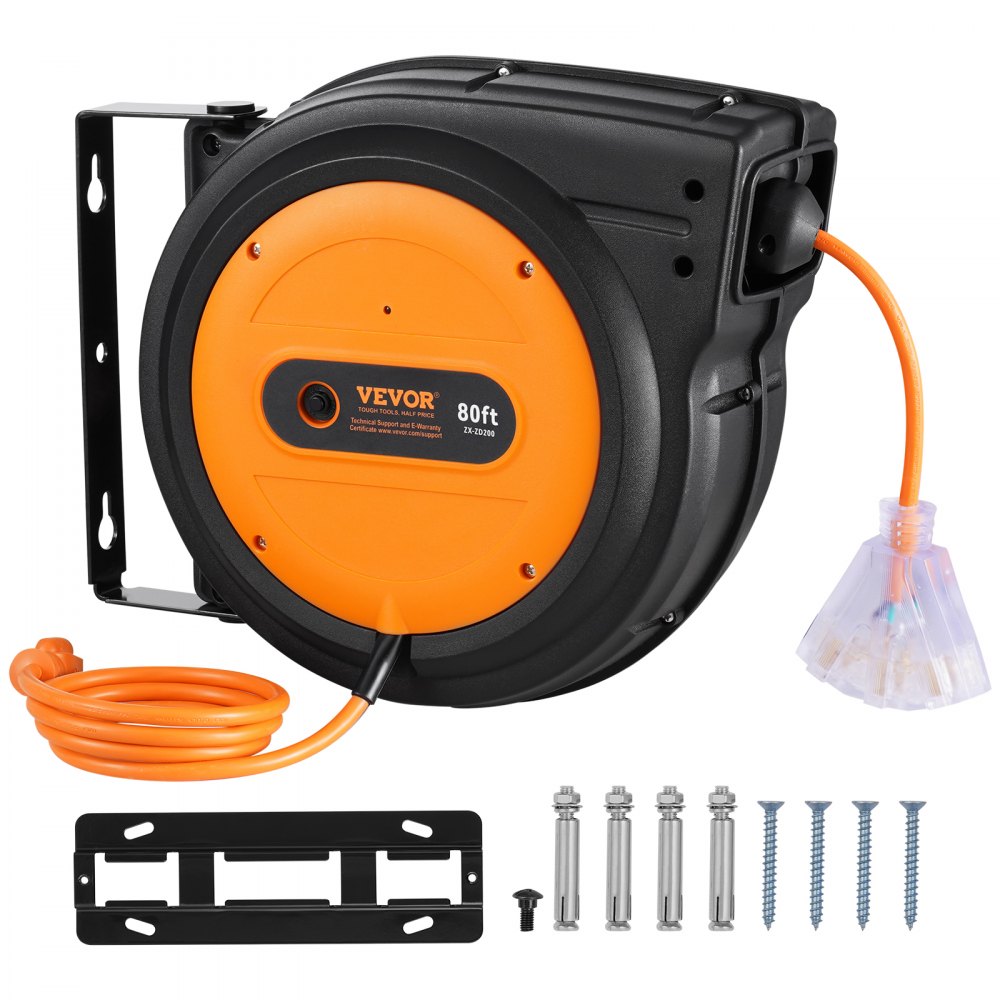 VEVOR Retractable Extension Cord Reel, 80 FT, Heavy Duty 12AWG/3C SJTOW Retractable Power Cord with Lighted Triple Tap Outlet, 15 Amp Circuit Breaker 180° Swivel Bracket for Ceiling or Wall Mount