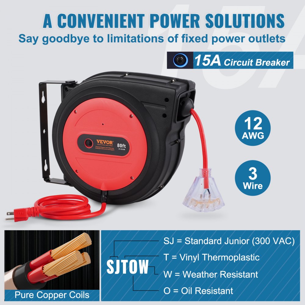 VEVOR Retractable Extension Cord Reel, 80 FT, Heavy Duty 12AWG/3C SJTOW Retractable Power Cord with Lighted Triple Tap Outlet, 15 Amp Circuit Breaker 180° Swivel Bracket for Ceiling or Wall Mount
