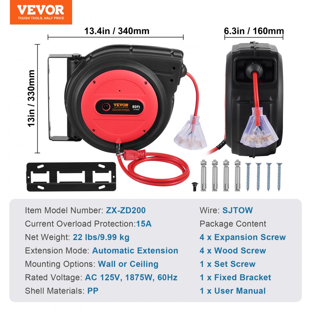 VEVOR Retractable Extension Cord Reel, 80 FT, Heavy Duty 12AWG/3C SJTOW Retractable Power Cord with Lighted Triple Tap Outlet, 15 Amp Circuit Breaker 180° Swivel Bracket for Ceiling or Wall Mount