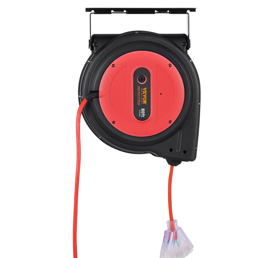 VEVOR Retractable Extension Cord Reel, 80 FT, Heavy Duty 12AWG/3C SJTOW Retractable Power Cord with Lighted Triple Tap Outlet, 15 Amp Circuit Breaker 180° Swivel Bracket for Ceiling or Wall Mount