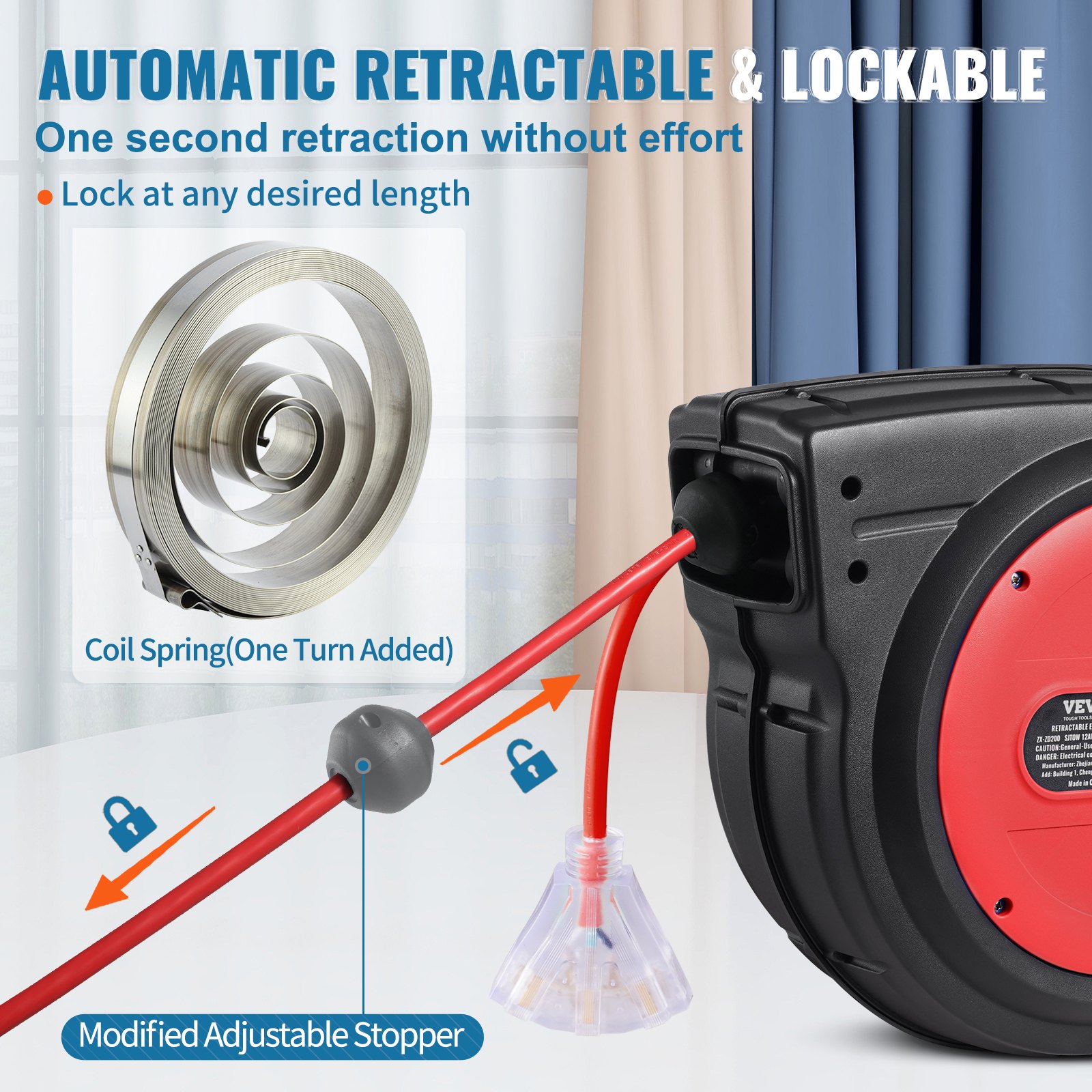 VEVOR Retractable Extension Cord Reel, 80 FT, Heavy Duty 12AWG/3C SJTOW Retractable Power Cord with Lighted Triple Tap Outlet, 15 Amp Circuit Breaker 180° Swivel Bracket for Ceiling or Wall Mount