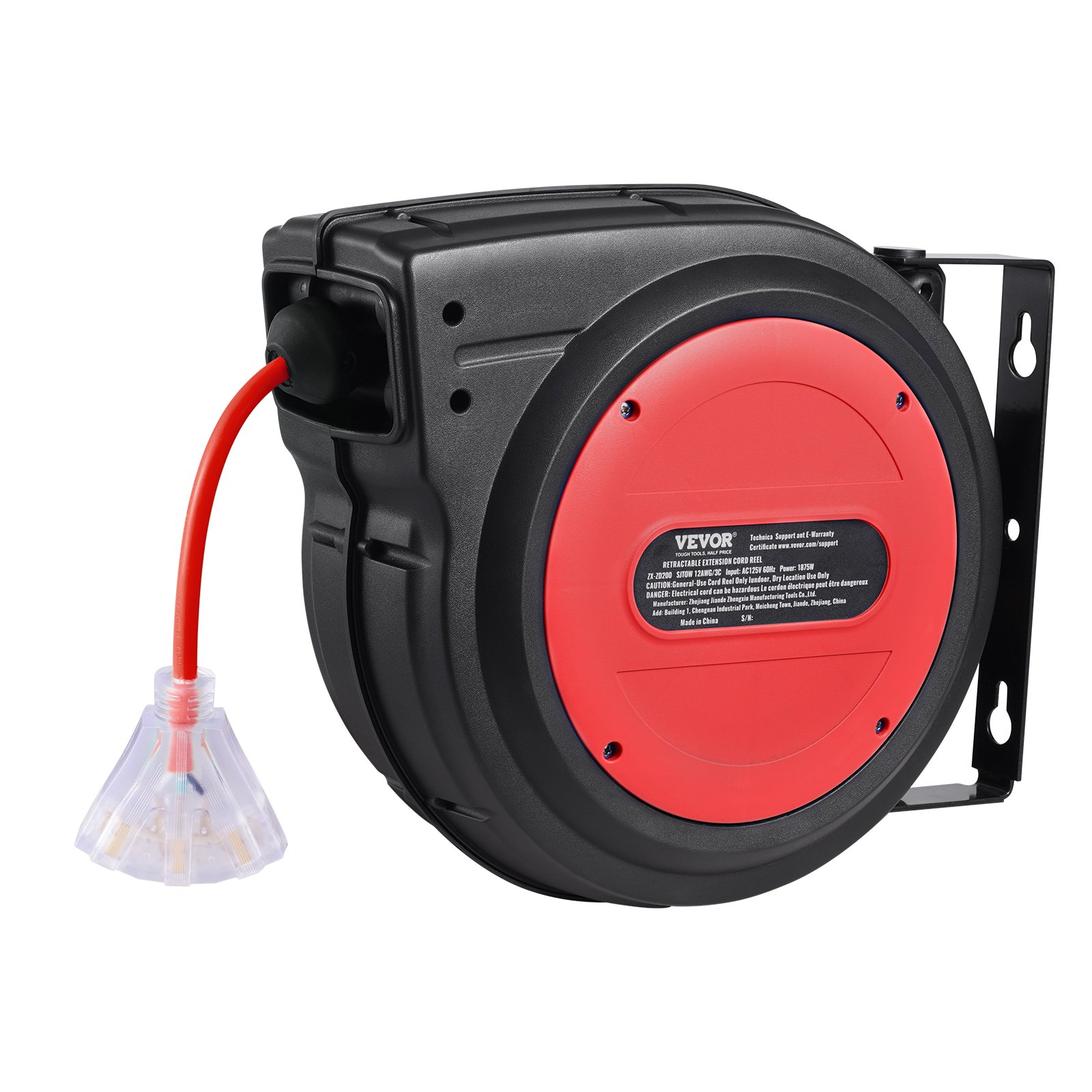VEVOR Retractable Extension Cord Reel, 80 FT, Heavy Duty 12AWG/3C SJTOW Retractable Power Cord with Lighted Triple Tap Outlet, 15 Amp Circuit Breaker 180° Swivel Bracket for Ceiling or Wall Mount