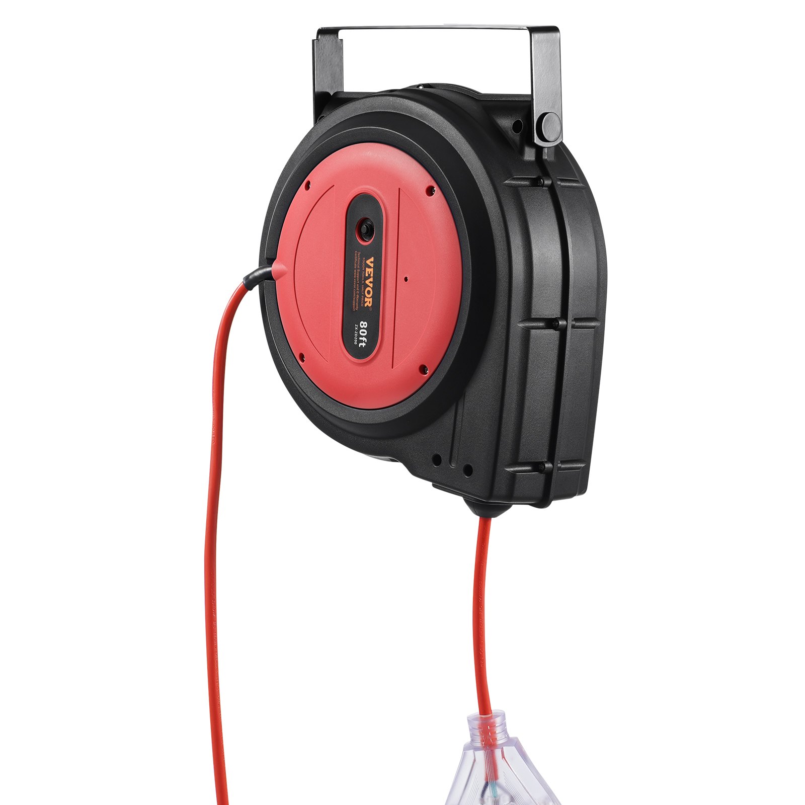 VEVOR Retractable Extension Cord Reel, 80 FT, Heavy Duty 12AWG/3C SJTOW Retractable Power Cord with Lighted Triple Tap Outlet, 15 Amp Circuit Breaker 180° Swivel Bracket for Ceiling or Wall Mount