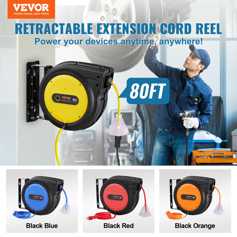 VEVOR Retractable Extension Cord Reel, 80 FT, Heavy Duty 12AWG/3C SJTOW Retractable Power Cord with Lighted Triple Tap Outlet, 15 Amp Circuit Breaker 180° Swivel Bracket for Ceiling or Wall Mount