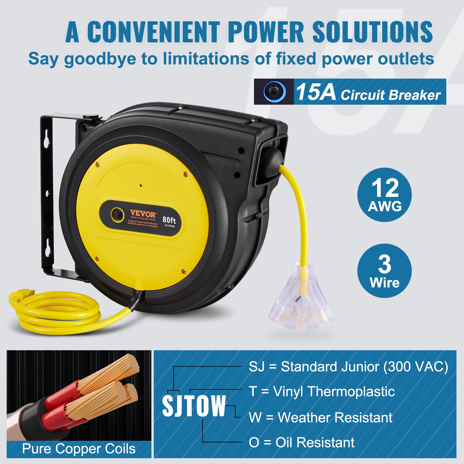 VEVOR Retractable Extension Cord Reel, 80 FT, Heavy Duty 12AWG/3C SJTOW Retractable Power Cord with Lighted Triple Tap Outlet, 15 Amp Circuit Breaker 180° Swivel Bracket for Ceiling or Wall Mount