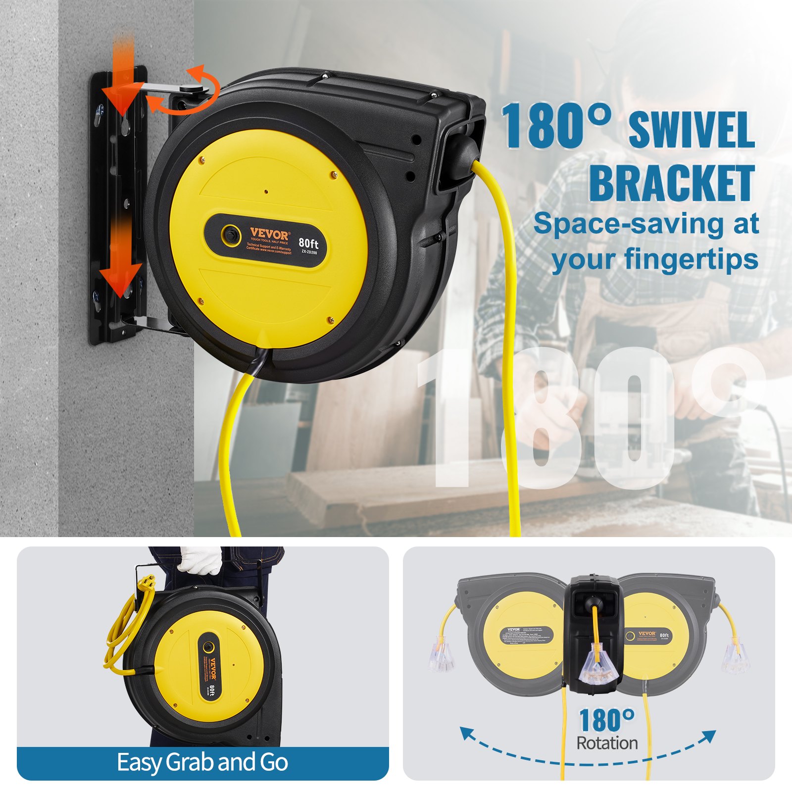 VEVOR Retractable Extension Cord Reel, 80 FT, Heavy Duty 12AWG/3C SJTOW Retractable Power Cord with Lighted Triple Tap Outlet, 15 Amp Circuit Breaker 180° Swivel Bracket for Ceiling or Wall Mount