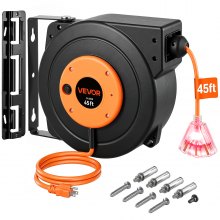 Carrete de extensión retráctil VEVOR, cable de alimentación SJTOW de alta resistencia 12 AWG/3C, 13,7 m, 12 AWG, negro, probado según las normas.
