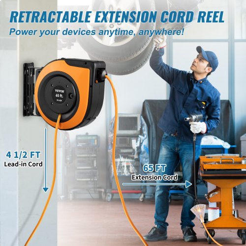 VEVOR Retractable Extension Cord Reel, 65 FT, Heavy Duty 12AWG/3C SJTOW Power Cord, with Lighted Triple Tap Outlet, 15 Amp Circuit Breaker, 180° Swivel Bracket for Ceiling or Wall Mount, UL Listed