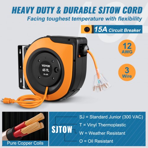 VEVOR Retractable Extension Cord Reel, 65 FT, Heavy Duty 12AWG/3C SJTOW Power Cord, with Lighted Triple Tap Outlet, 15 Amp Circuit Breaker, 180° Swivel Bracket for Ceiling or Wall Mount, UL Listed