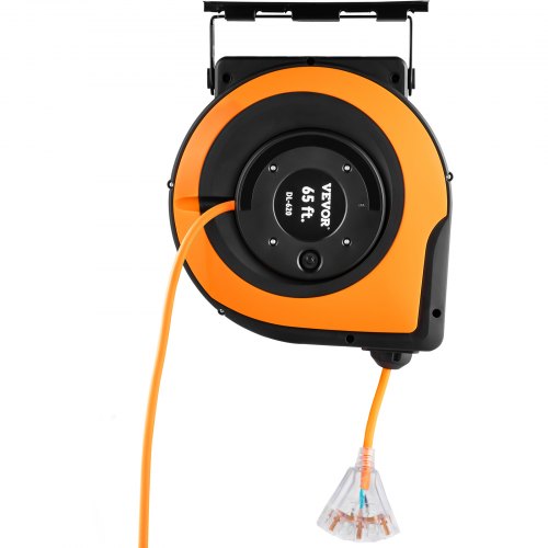 VEVOR Retractable Extension Cord Reel, 65 FT, Heavy Duty 12AWG/3C SJTOW Power Cord, with Lighted Triple Tap Outlet, 15 Amp Circuit Breaker, 180° Swivel Bracket for Ceiling or Wall Mount, UL Listed