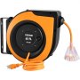 VEVOR Retractable Extension Cord Reel, 65 FT, Heavy Duty 12AWG/3C SJTOW Power Cord, with Lighted Triple Tap Outlet, 15 Amp Circuit Breaker, 180° Swivel Bracket for Ceiling Tested to UL Standards