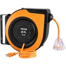 VEVOR Retractable Extension Cord Reel, 50 FT, Heavy Duty 14AWG/3C SJTOW  Power Cord, with Lighted Triple Tap Outlet, 13 Amp Circuit Breaker, 180°