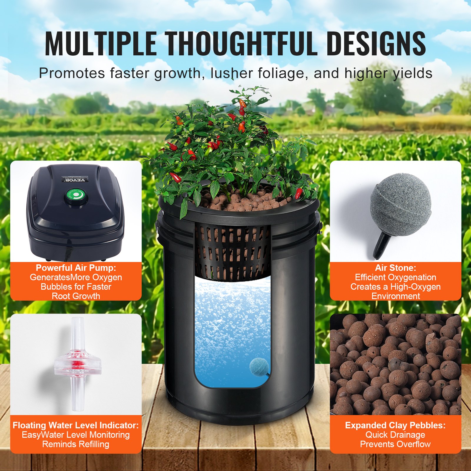 VEVOR RDWC Hydroponics System Recirculating Deep Water Culture 4 Buckets 18.9 L
