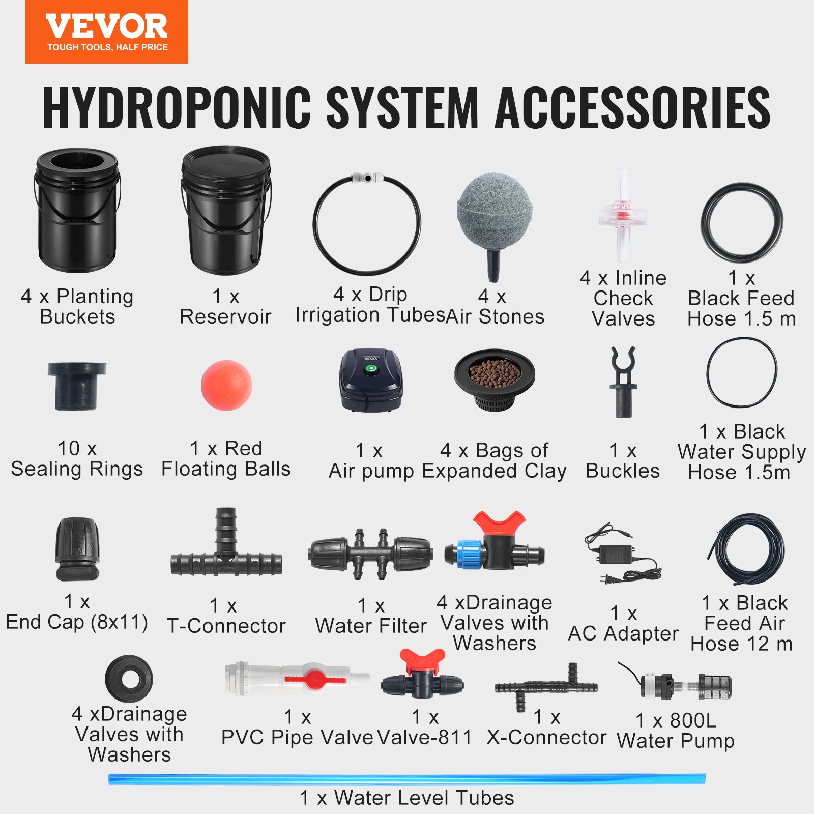 VEVOR RDWC Hydroponics System Recirculating Deep Water Culture 4 Buckets 18.9 L