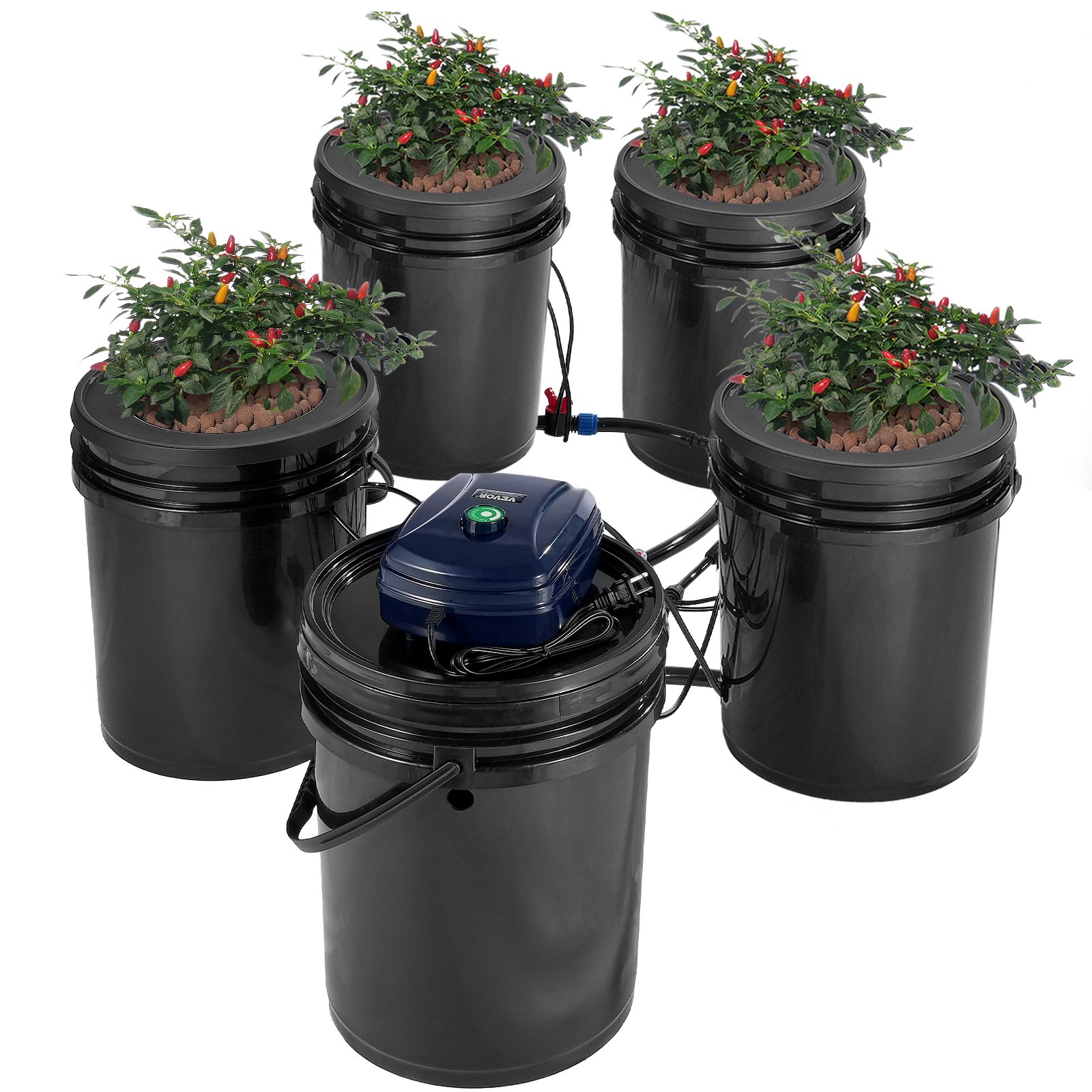VEVOR RDWC Hydroponics System Recirculating Deep Water Culture 4 Buckets 18.9 L