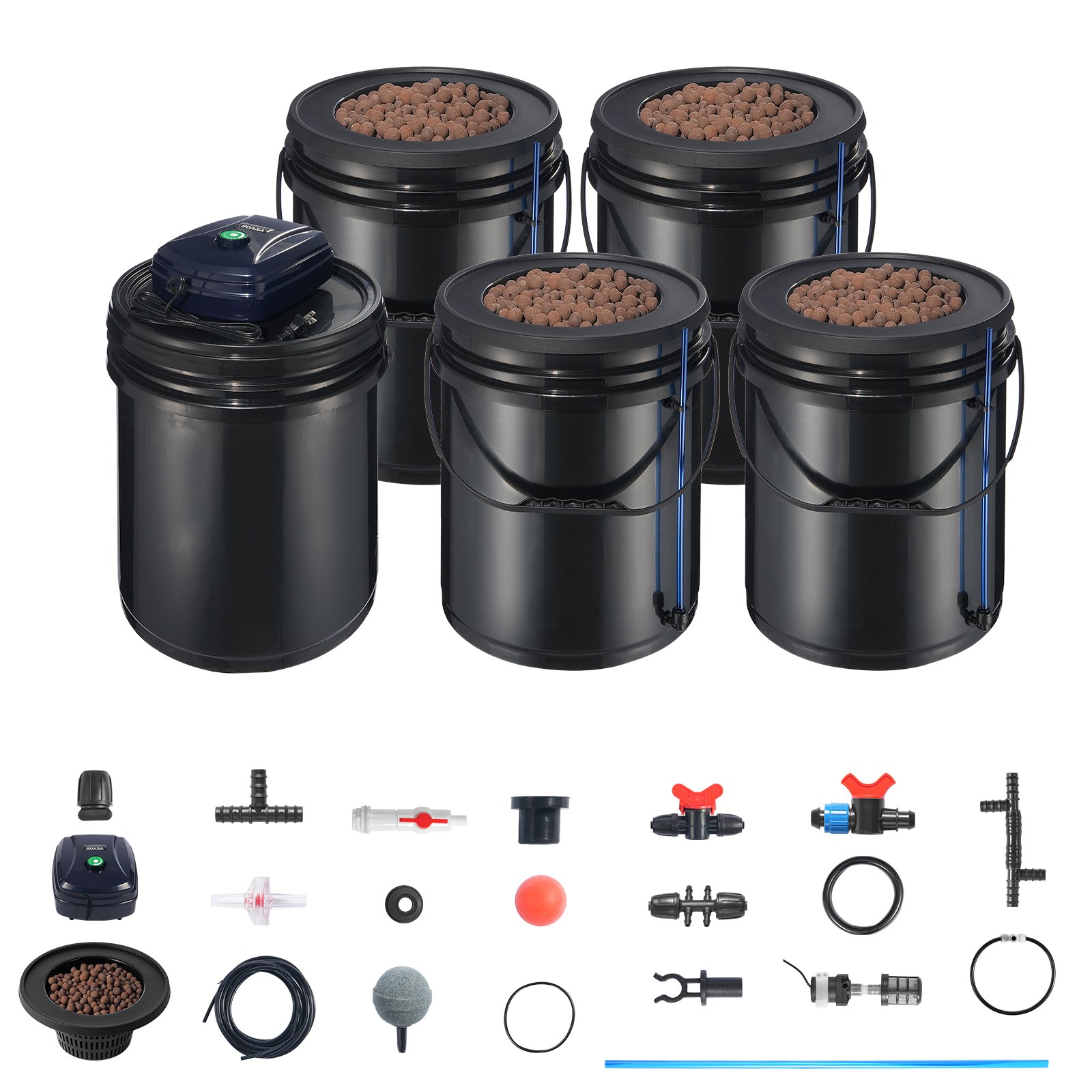 VEVOR RDWC Hydroponics System Recirculating Deep Water Culture 4 Buckets 18.9 L