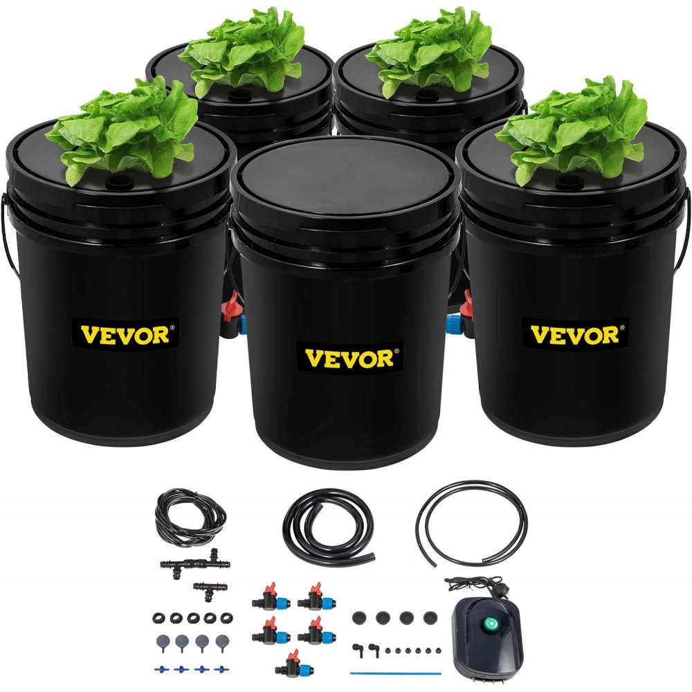 VEVOR hydroponics system with lush green plants in black buckets.