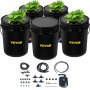 VEVOR hydroponics system with lush green plants in black buckets.