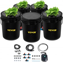 VEVOR DWC Hydroponic System, 5 Gallon 5 Buckets, Deep Water Culture Growing Bucket, Hydroponics Grow Kit with Pump, Air Stone and Connected Reservoir, for Indoor/Outdoor Leafy Vegetables