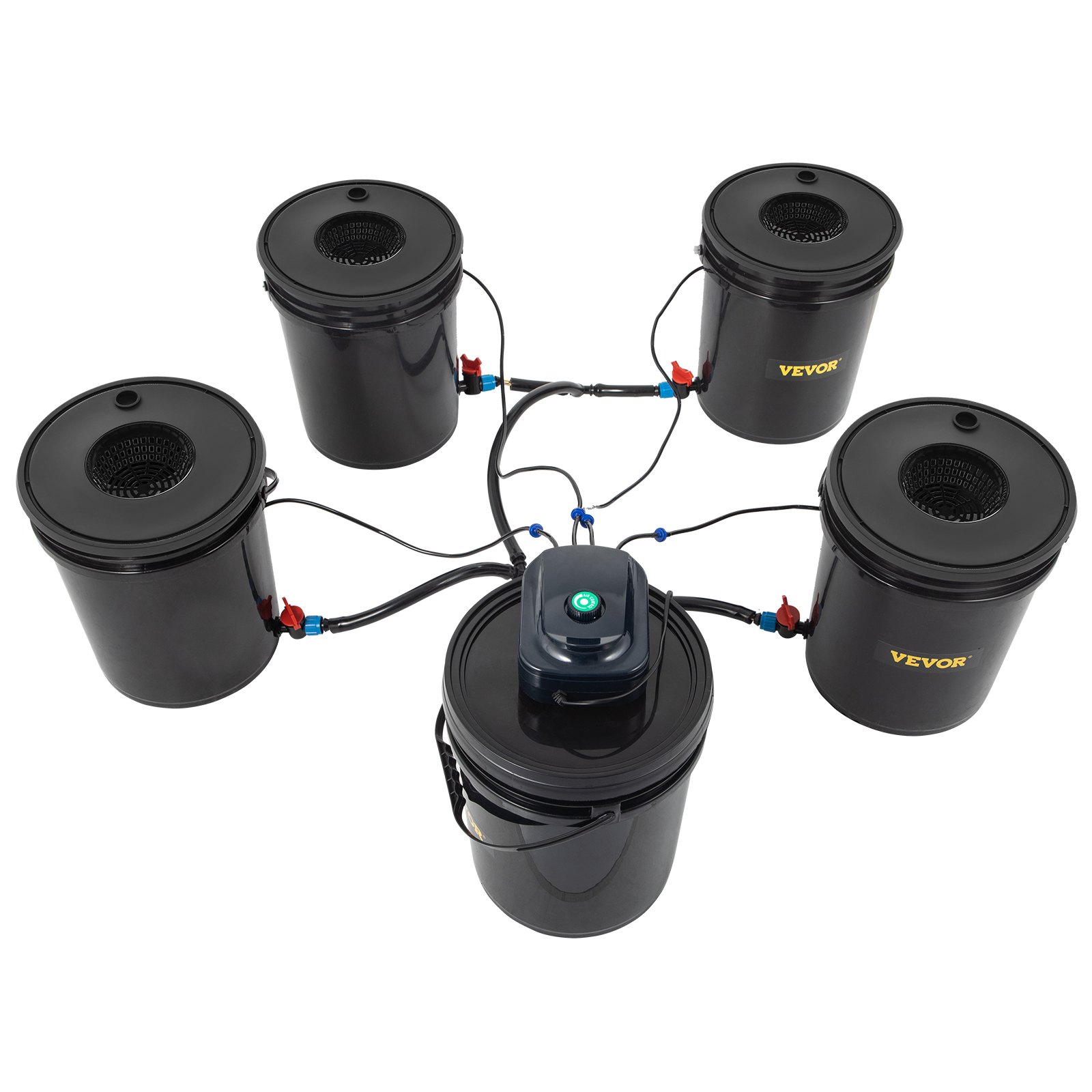 VEVOR DWC Hydroponic System, 5 Gallon 5 Buckets, Deep Water Culture Growing Bucket, Hydroponics Grow Kit with Pump, Air Stone and Connected Reservoir, for Indoor/Outdoor Leafy Vegetables