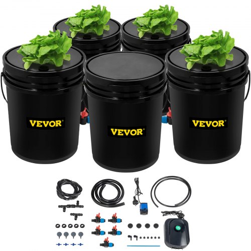 VEVOR DWC Hydroponic System, 5 Gallon 5 Buckets, Deep Water Culture Growing Bucket, Hydroponics Grow Kit with Pump, Air Stone and Connected Reservoir, for Indoor/Outdoor Leafy Vegetables