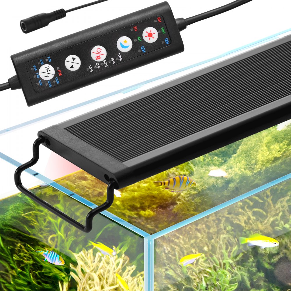 VEVOR aquarium light with adjustable settings and remote control, illuminating a vibrant aquarium.