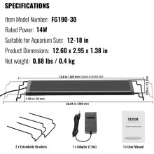 VEVOR Aquarium Light, 14W Full Spectrum Fish Tank Light with 24/7 Natural Mode, Adjustable Timer & 5-Level Brightness, with Aluminum Alloy Shell Extendable Brackets for 12"-18" Freshwater Planted Tank