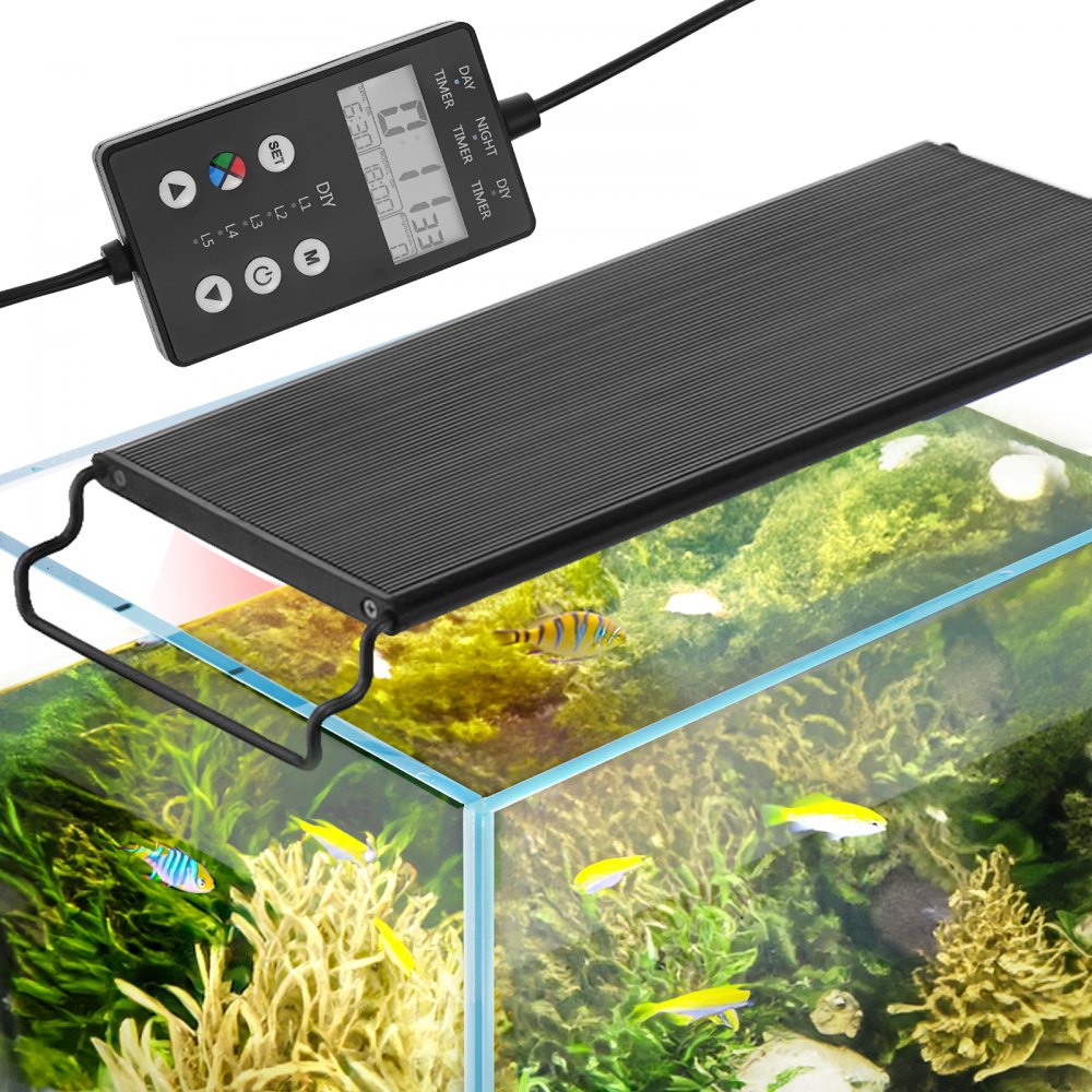 VEVOR aquarium light illuminating a fish tank with vibrant plants and colorful fish, and a control panel.