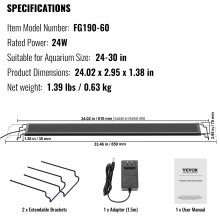 VEVOR Aquarium Light 24W Full Spectrum Fish Tank Light för 24"-30" Fish Tank