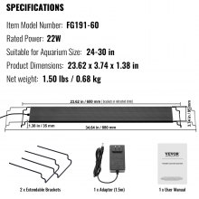 VEVOR Aquarium Light with LCD Monitor, 22W Full Spectrum Fish Tank Light with 24/7 Natural Mode, Adjustable Brightness & Timer - Aluminum Alloy Shell Extendable Brackets for 24"-30" Freshwater Tank