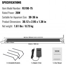 VEVOR Aquarium Light, 26W Full Spectrum Fish Tank Light with 24/7 Natural Mode, Adjustable Timer & 5-Level Brightness, with Aluminum Alloy Shell Extendable Brackets for 30"-36" Freshwater Planted Tank