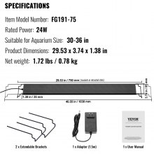 VEVOR Aquarium Light with LCD Monitor, 24W Full Spectrum Fish Tank Light with 24/7 Natural Mode, Adjustable Brightness & Timer - Aluminum Alloy Shell Extendable Brackets for 30"-36" Freshwater Tank