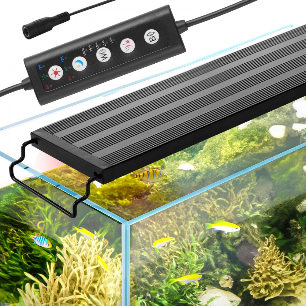 VEVOR aquarium light on top of aquarium with colorful fish and plants, remote control visible.