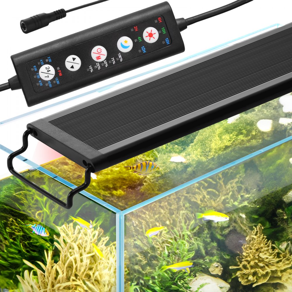 VEVOR aquarium light with remote control, illuminating a vibrant fish tank with colorful aquatic plants.