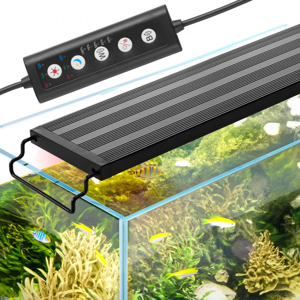 VEVOR aquarium light with remote control on a planted fish tank.