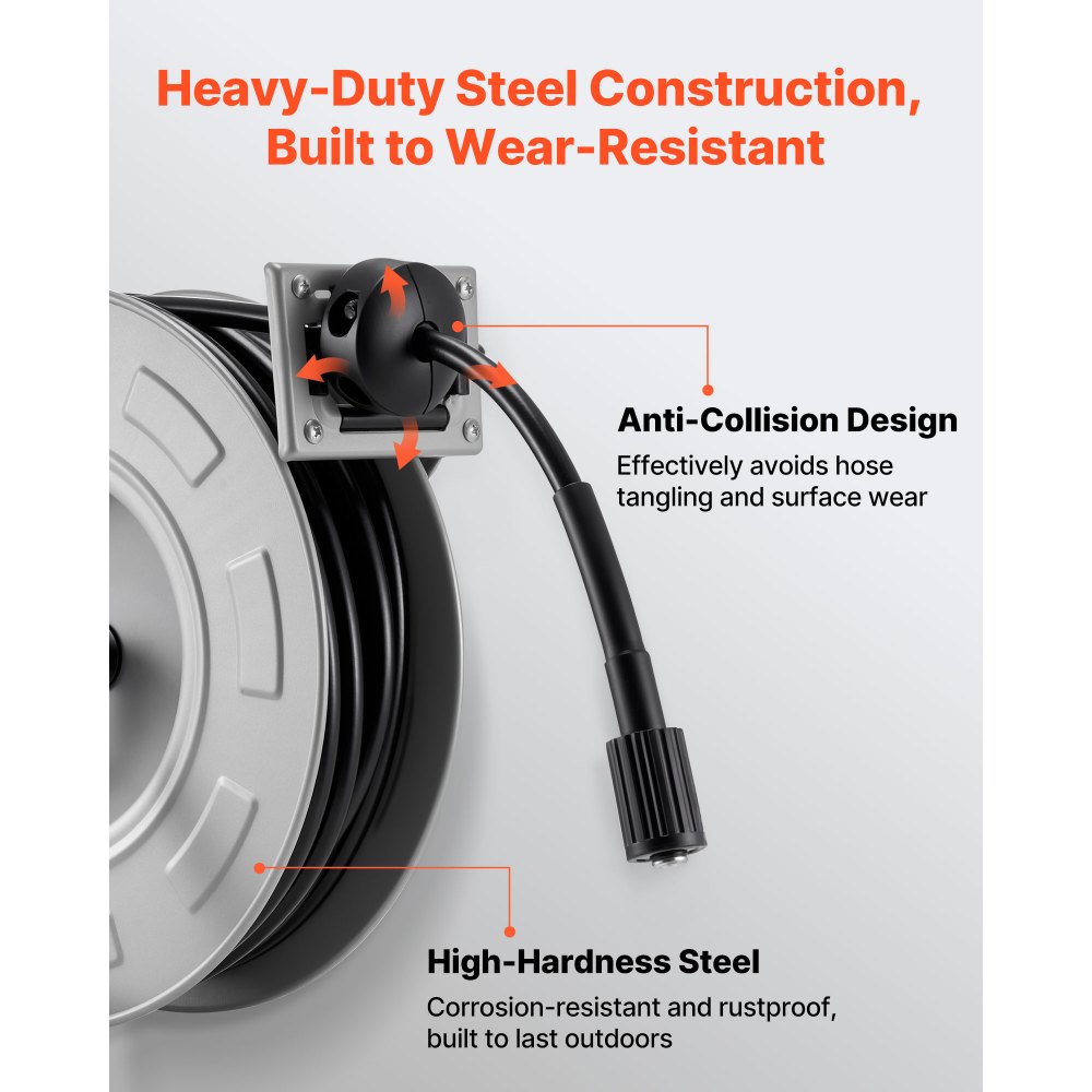 VEVOR Pressure Washer Hose Reel, 19.8 m x 6.4 mm Retractable Power Heavy-Duty Steel Washer Hose Reel, 3200PSI Max, Auto-Rewinding, Flexible Wall/Floor Mounted for Car Washing,Garden,Floor Cleaning