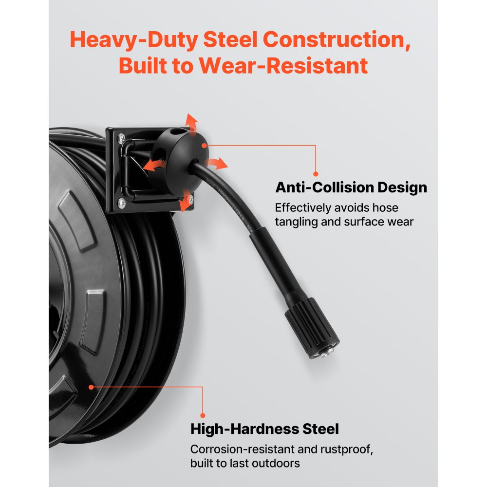 VEVOR Pressure Washer Hose Reel, 18.3 m x 6.4 mm Retractable Power Heavy-Duty Steel Washer Hose Reel, 4000PSI Max, Auto-Rewinding, Flexible Wall/Floor Mounted for Car Washing,Garden,Floor Cleaning