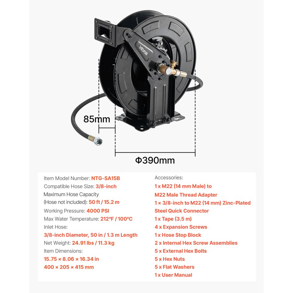 VEVOR Pressure Washer Hose Reel, 15.2 m x 9.5 mm Retractable Power Heavy-Duty Steel Washer Hose Reel, 4000PSI Max, Auto-Rewinding, Flexible Wall/Floor Mounted for Car Washing,Garden,Floor Cleaning