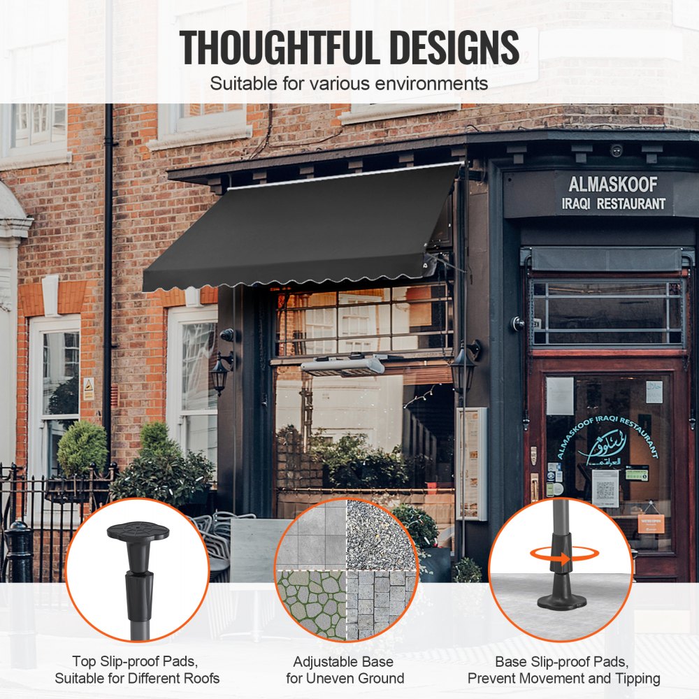 VEVOR Zaťahovacia markíza na terasu 138 x 47", prístrešok proti slnku s manuálnou kľukou, vonkajší prístrešok na terasu, nastaviteľná výška od 86 do 122 palcov, na terasu/balkón/dvor, čierna