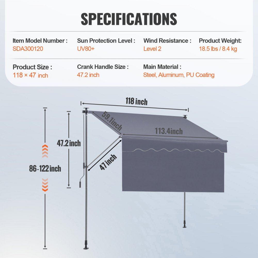 VEVOR Manual Retractable Awning, 118" Outdoor Retractable Patio Awning Sunshade Shelter, Adjustable Patio Door Window Awning Canopy with 39" Sun Shade Curtain for Backyard, Garden, Balcony