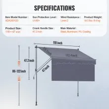VEVOR Manual Retractable Awning, 118" Outdoor Retractable Patio Awning Sunshade Shelter, Adjustable Patio Door Window Awning Canopy with 39" Sun Shade Curtain for Backyard, Garden, Balcony