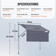 VEVOR Manual Retractable Awning, 118" Outdoor Retractable Patio Awning Sunshade Shelter, Adjustable Patio Door Window Awning Canopy with 39" Sun Shade Curtain for Backyard, Garden, Balcony