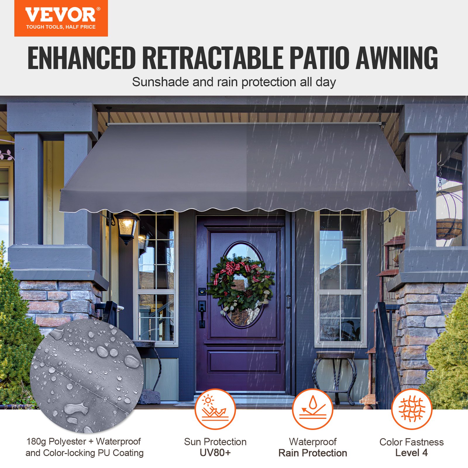 VEVOR 138 x 47" Patio Awning Retractable, Awning Sunshade Shelter with Manual Crank Handle, Outdoor Patio Canopy Sunsetter Deck, Adjustable Height from 86 to 122 in, for Patio/Balcony/Yard, Dark Gray