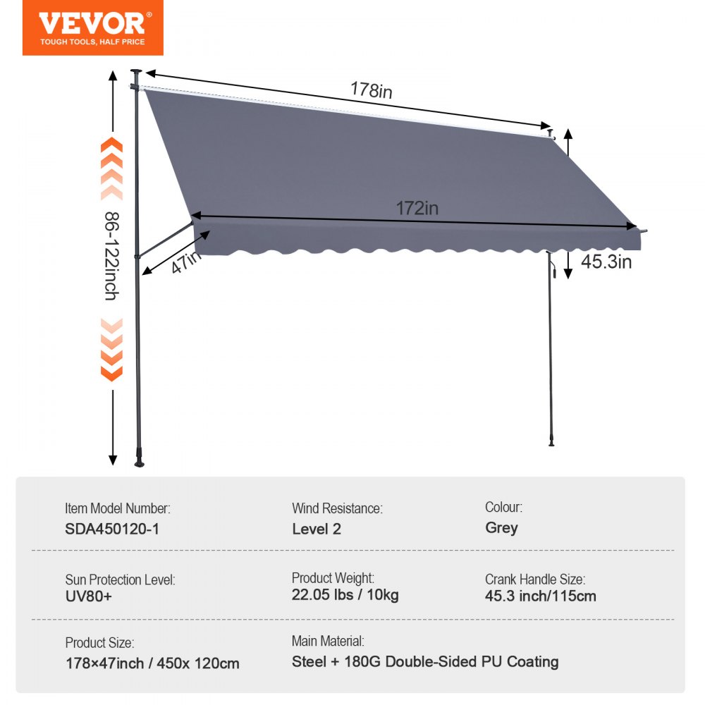 VEVOR 178 x 47" Patio Awning Retractable, Awning Sunshade Shelter with Manual Crank Handle, Outdoor Patio Canopy Sunsetter Deck, Adjustable Height from 86 to 122 in, for Patio/Balcony/Yard, Dark Gray