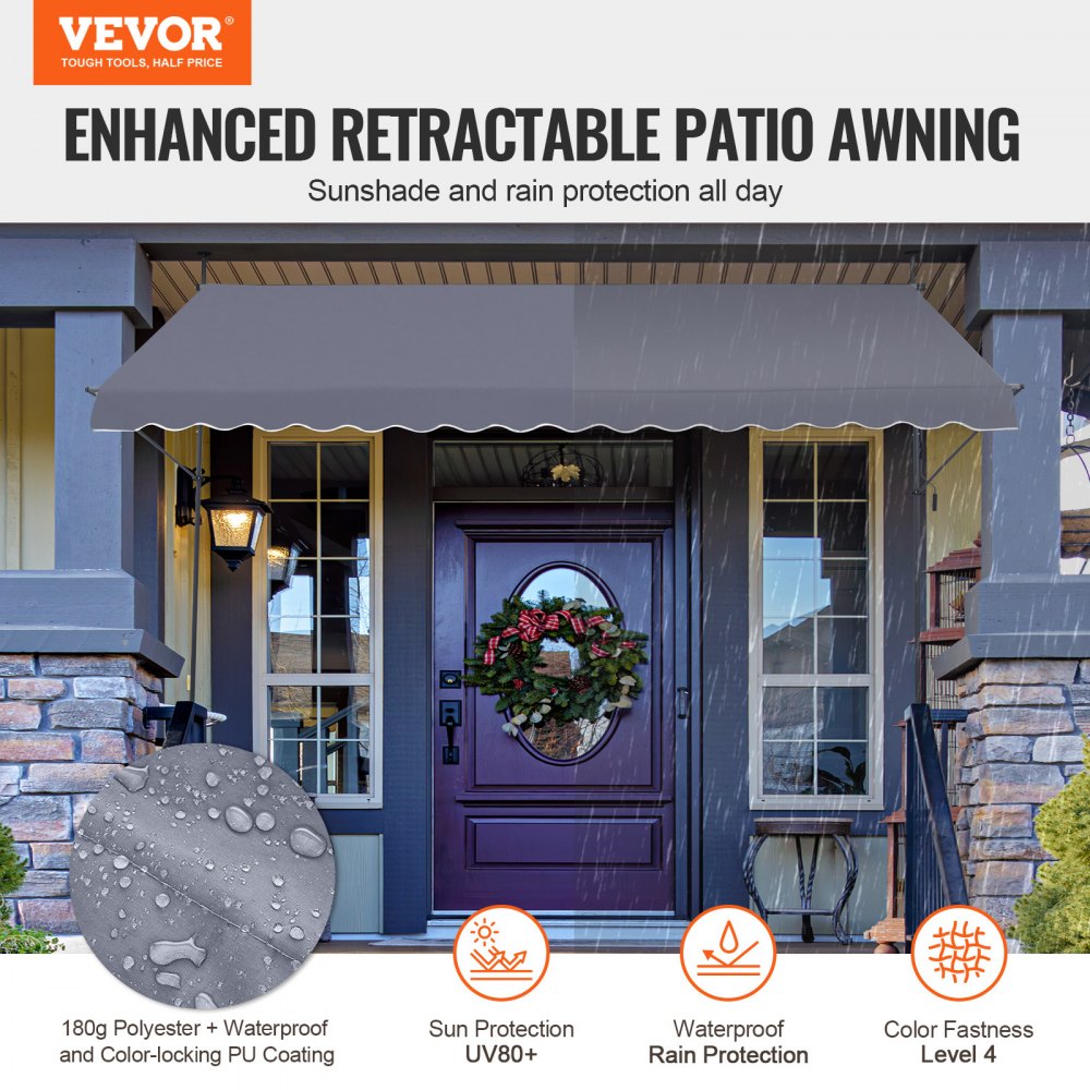 VEVOR 400 x 120 cm Patio Awning Retractable, Awning Sunshade Shelter with Manual Crank Handle, Outdoor Patio Canopy Sunsetter Deck, Adjustable Height from 86 to 122 in, for Patio/Balcony/Yard, Dark Gray