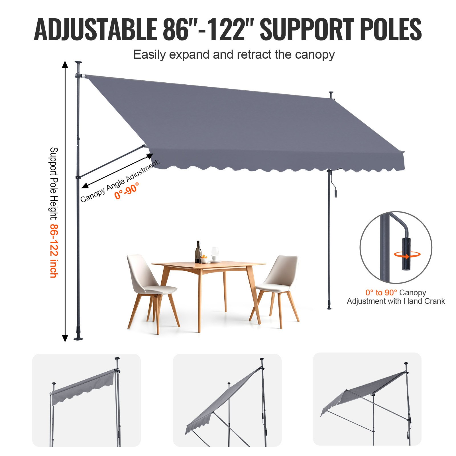 VEVOR 157 x 47" Patio Awning Retractable, Awning Sunshade Shelter with Manual Crank Handle, Outdoor Patio Canopy Sunsetter Deck, Adjustable Height from 86 to 122 in, for Patio/Balcony/Yard, Dark Gray