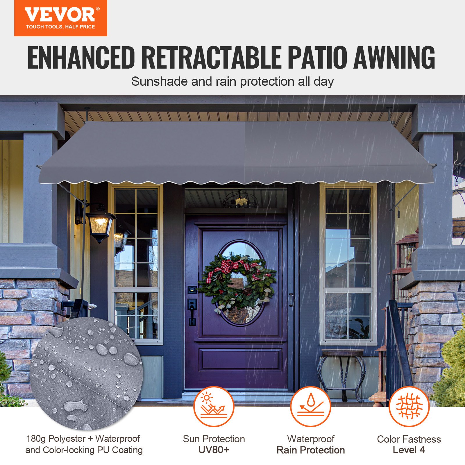 VEVOR 400 x 120 cm Patio Awning Retractable, Awning Sunshade Shelter with Manual Crank Handle, Outdoor Patio Canopy Sunsetter Deck, Adjustable Height from 86 to 122 in, for Patio/Balcony/Yard, Dark Gray