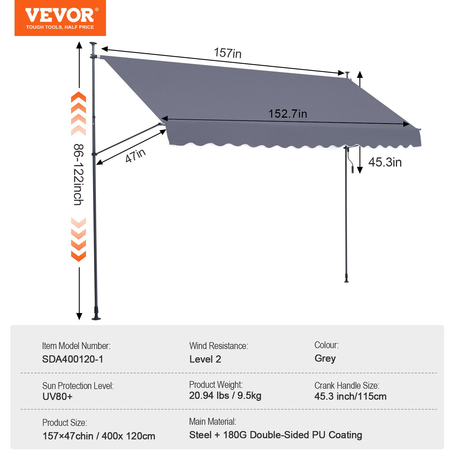 VEVOR 400 x 120 cm Patio Awning Retractable, Awning Sunshade Shelter with Manual Crank Handle, Outdoor Patio Canopy Sunsetter Deck, Adjustable Height from 86 to 122 in, for Patio/Balcony/Yard, Dark Gray