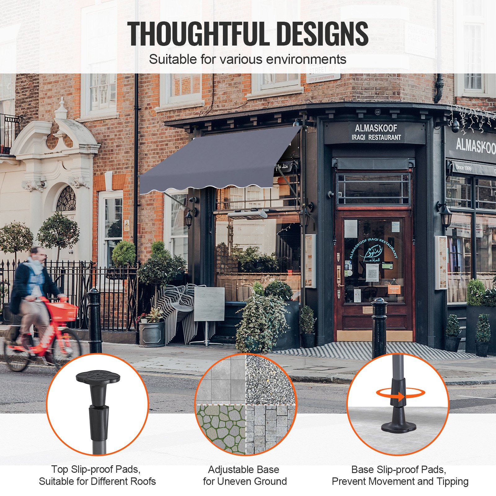 VEVOR 59 x 47" Patio Awning Retractable, Awning Sunshade Shelter with Manual Crank Handle, Outdoor Patio Canopy Sunsetter Deck, Adjustable Height from 86 to 122 in, for Patio/Balcony/Yard, Dark Gray